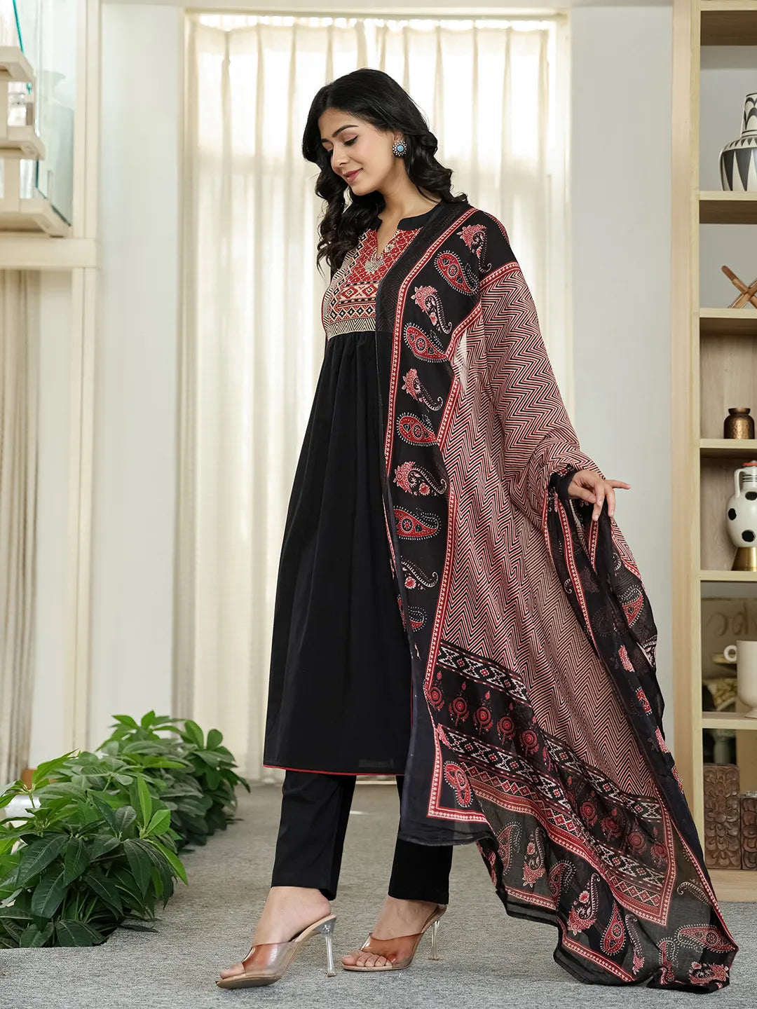 Black Cotton A Line Mandarin Collar Gathered Kurta Dupatta Set-Yufta Store-6499SKDBKM
