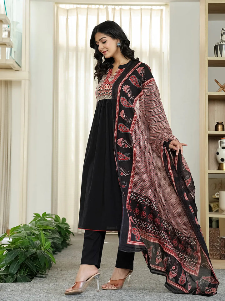 Black Cotton A Line Mandarin Collar Gathered Kurta Dupatta Set-Yufta Store-6499SKDBKM