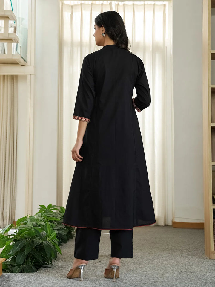 Black Cotton A Line Mandarin Collar Gathered Kurta Dupatta Set-Yufta Store-6499SKDBKM