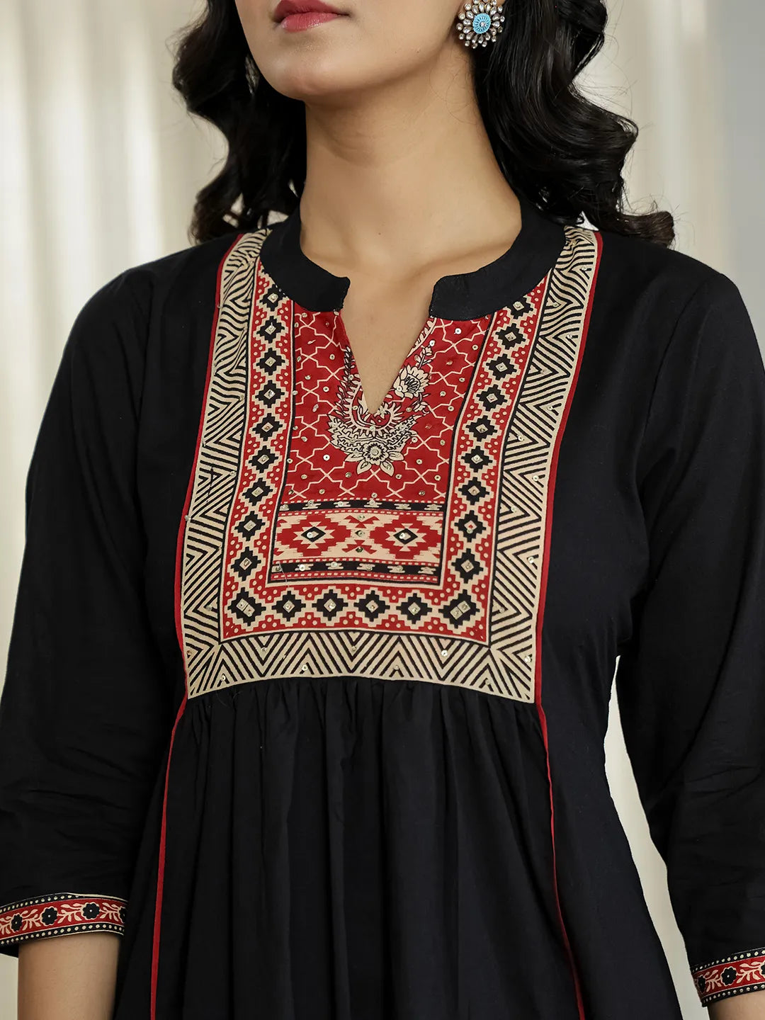 Black Cotton A Line Mandarin Collar Gathered Kurta Dupatta Set-Yufta Store-6499SKDBKM