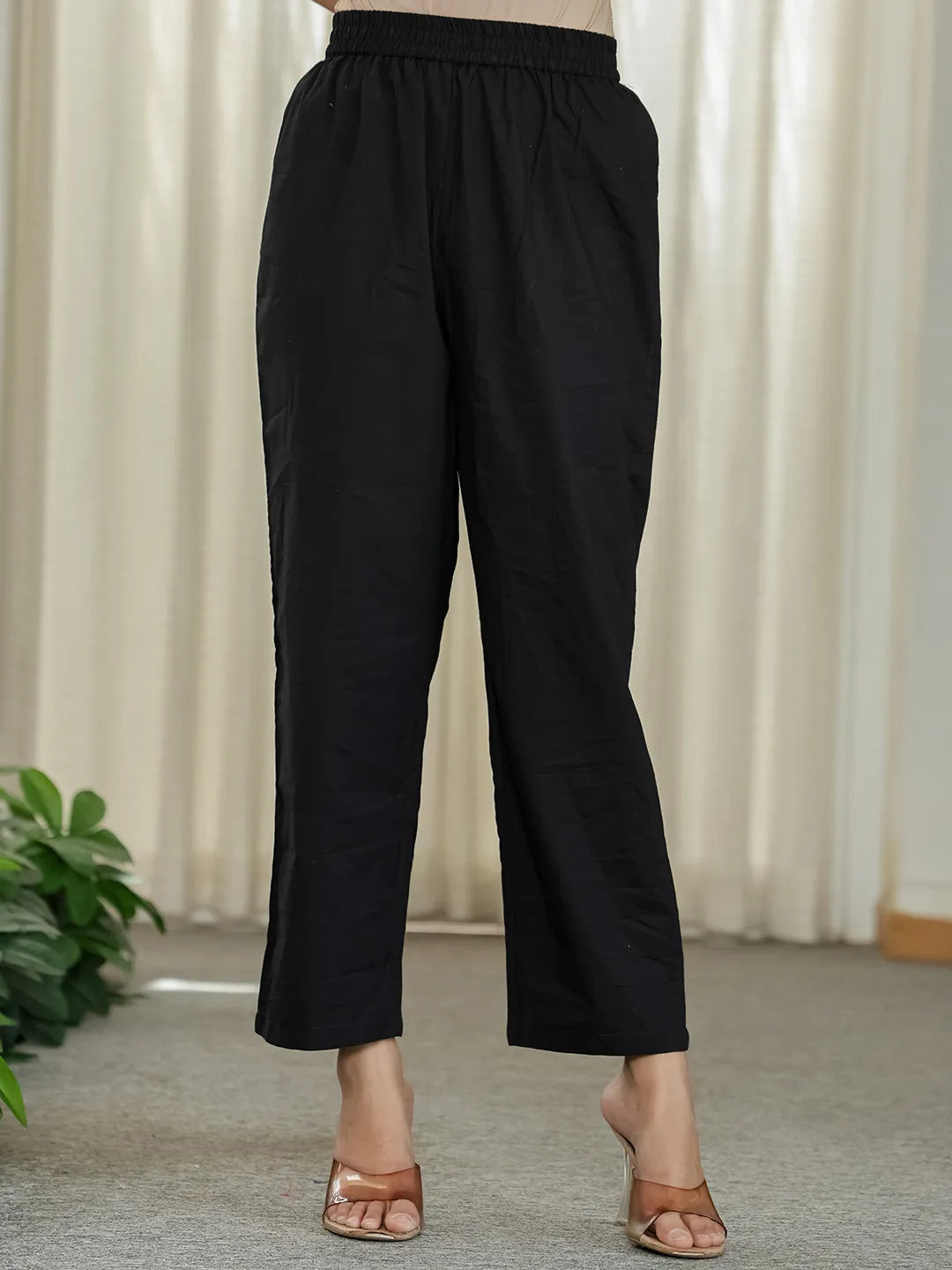 Black Cotton A Line Mandarin Collar Gathered Kurta Dupatta Set-Yufta Store-6499SKDBKM