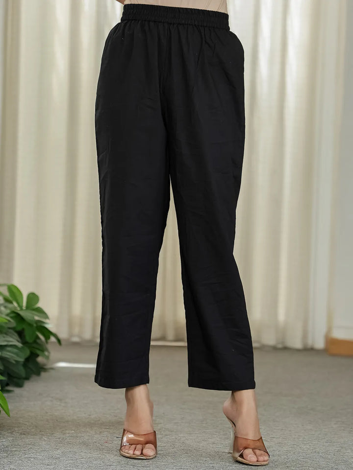 Black Cotton A Line Mandarin Collar Gathered Kurta Dupatta Set-Yufta Store-6499SKDBKM