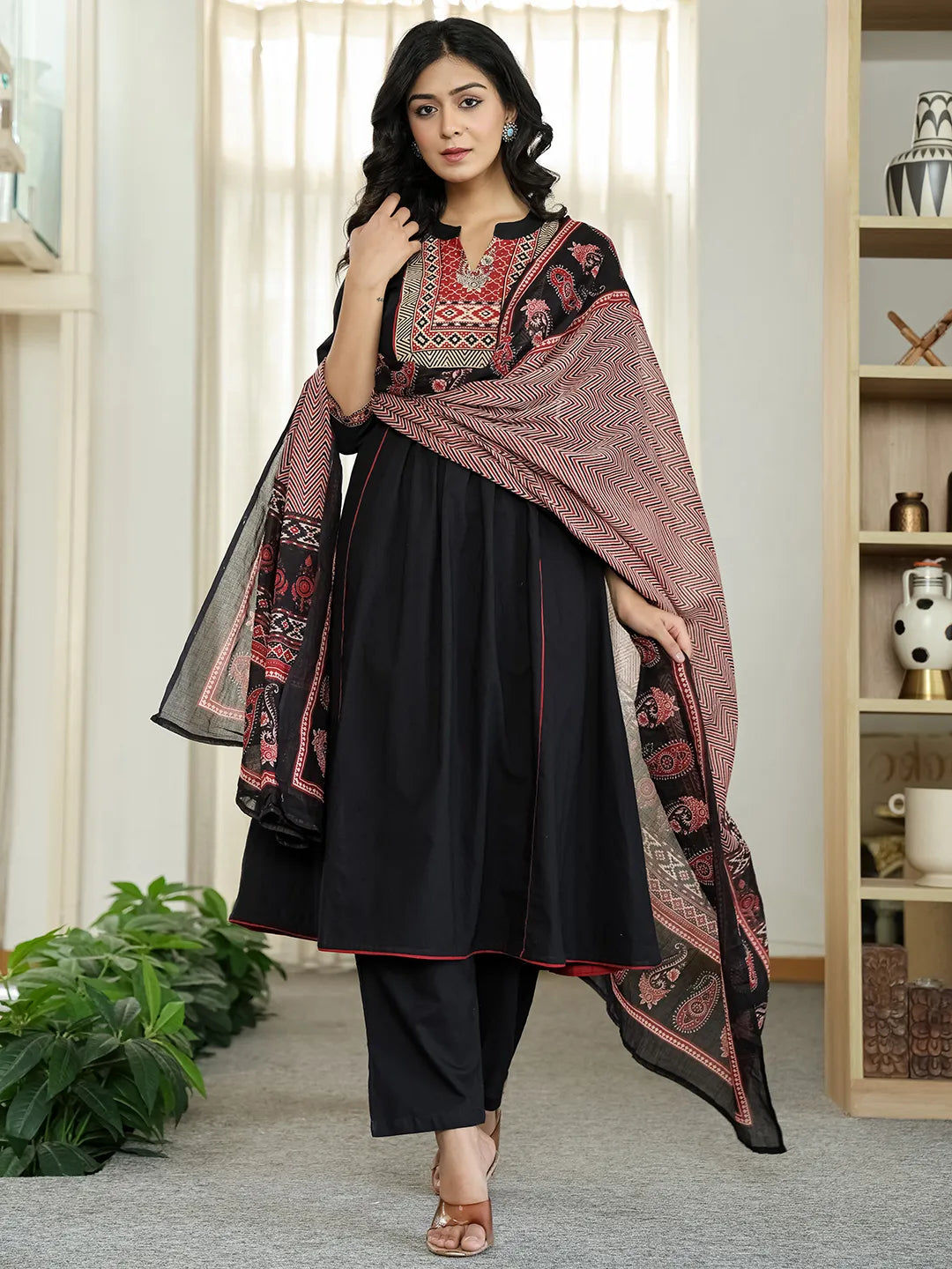 Black Cotton A Line Mandarin Collar Gathered Kurta Dupatta Set-Yufta Store-6499SKDBKM