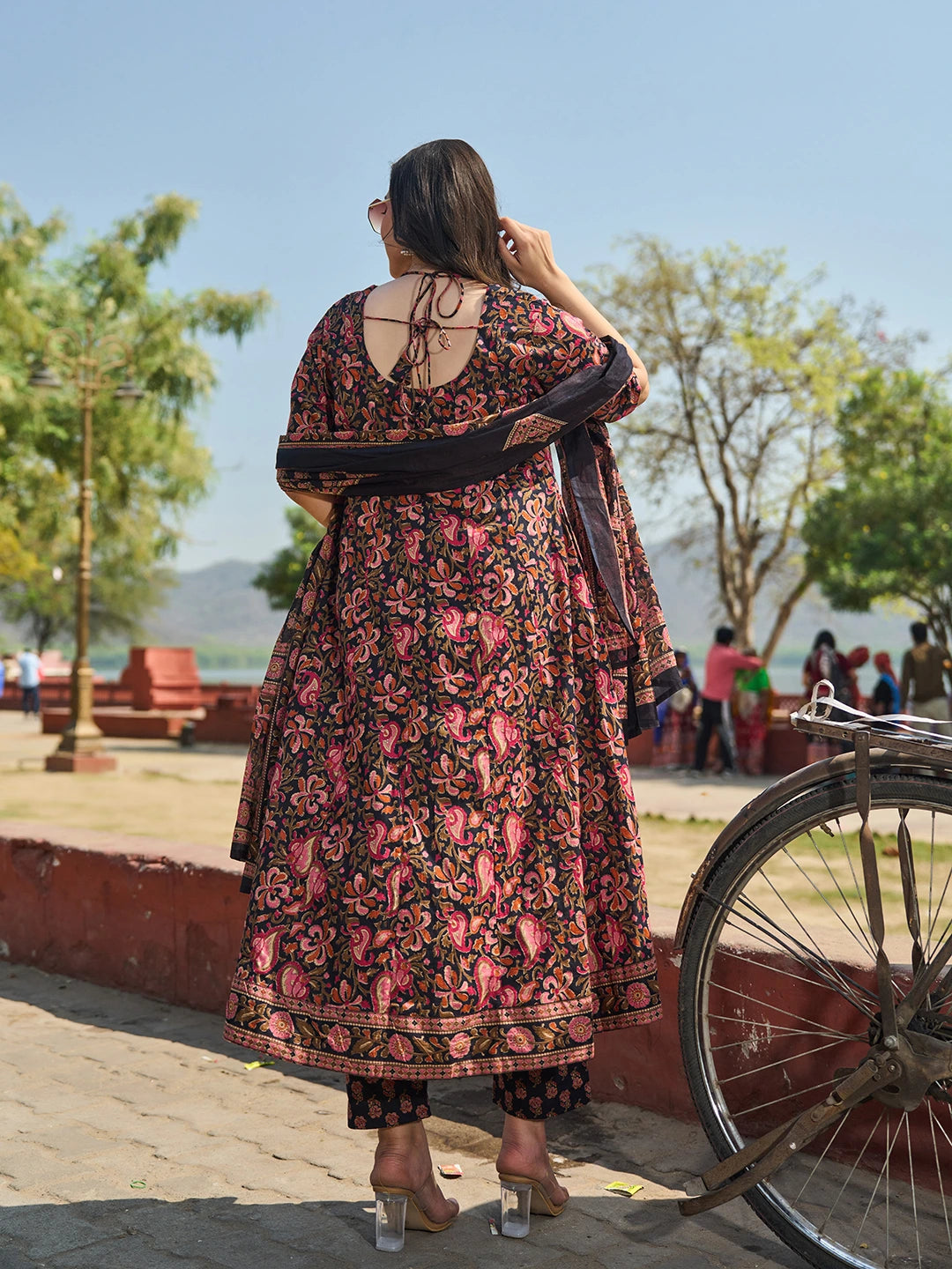 Black Cotton Kalidaar Style Kurta Pant Dupatta Set-Yufta Store-7655SKDBKM