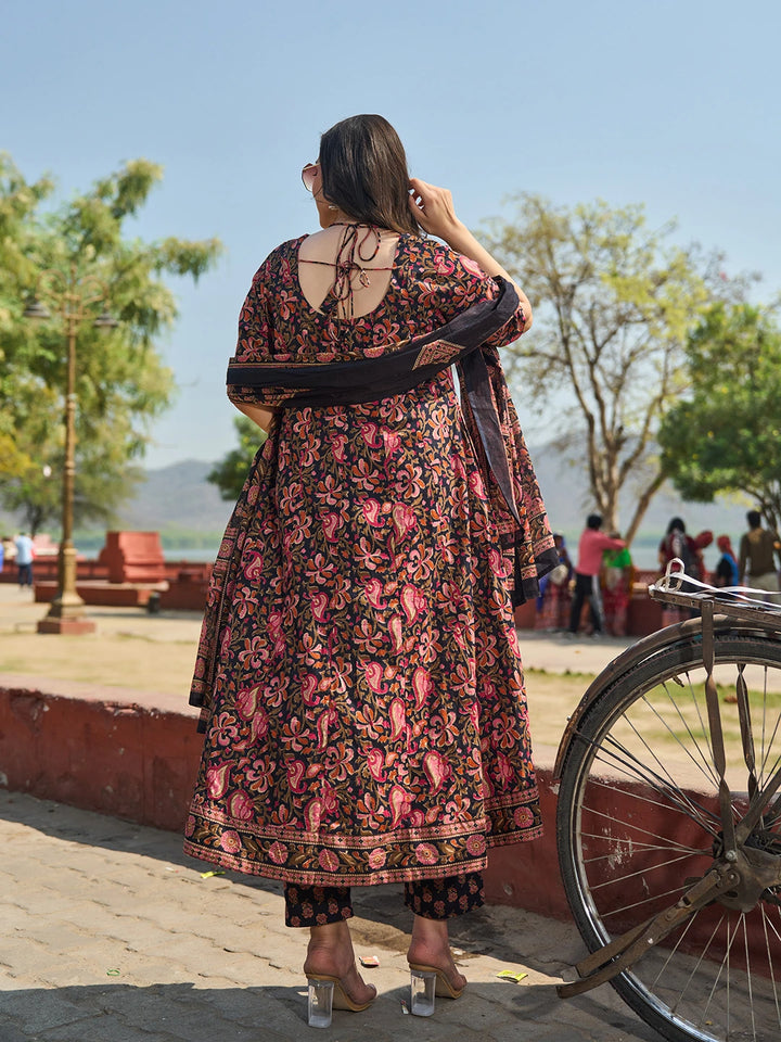 Black Cotton Kalidaar Style Kurta Pant Dupatta Set-Yufta Store-7655SKDBKM