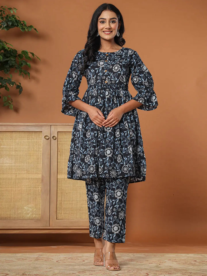 Black Cotton Maternity Peplum Kurta Pants Set-Yufta Store-6986SETBKM