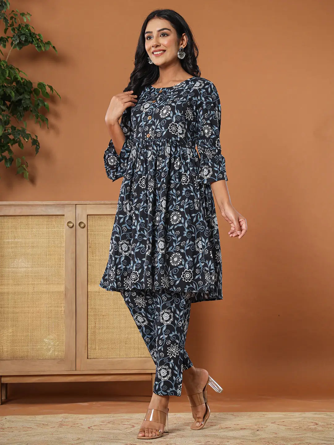 Black Cotton Maternity Peplum Kurta Pants Set-Yufta Store-6986SETBKM