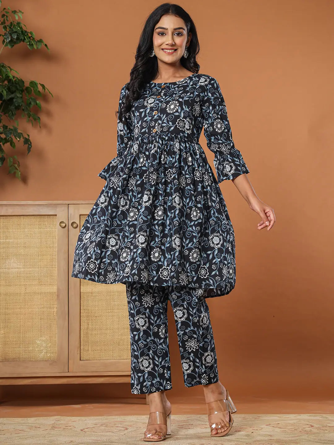 Black Cotton Maternity Peplum Kurta Pants Set-Yufta Store-6986SETBKM