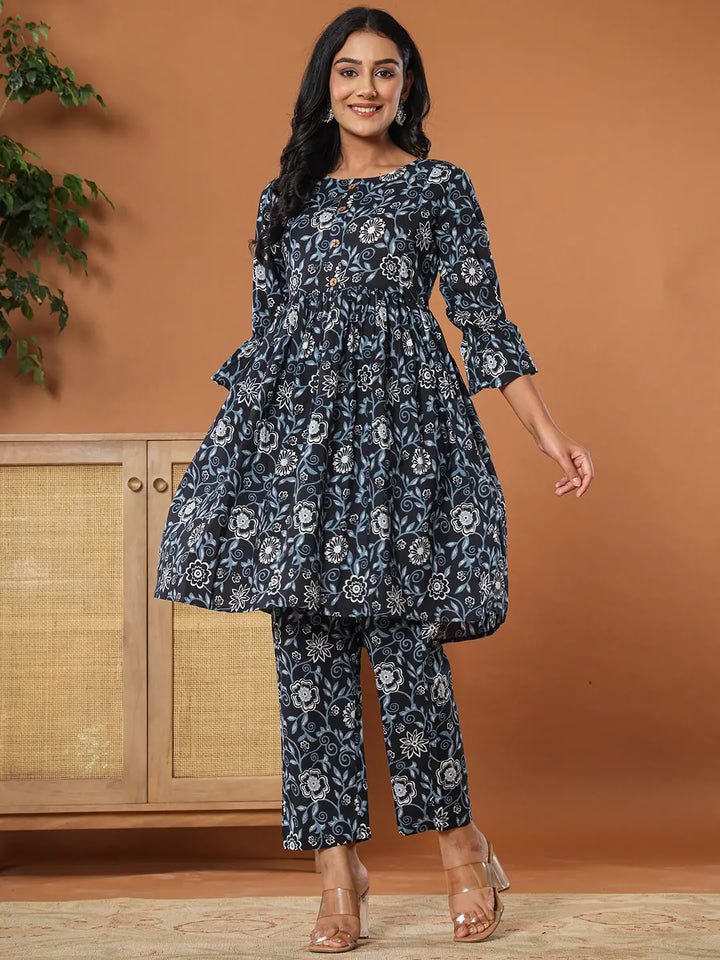 Black Cotton Maternity Peplum Kurta Pants Set-Yufta Store-6986SETBKM