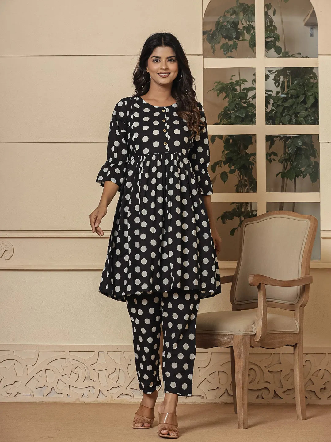 Black Cotton Polka Dot Print Maternity Wear Kurta Pants Set-Yufta Store-7028SETBKS