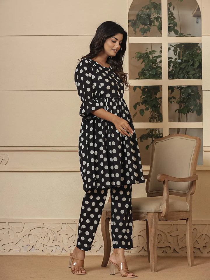 Black Cotton Polka Dot Print Maternity Wear Kurta Pants Set-Yufta Store-7028SETBKS