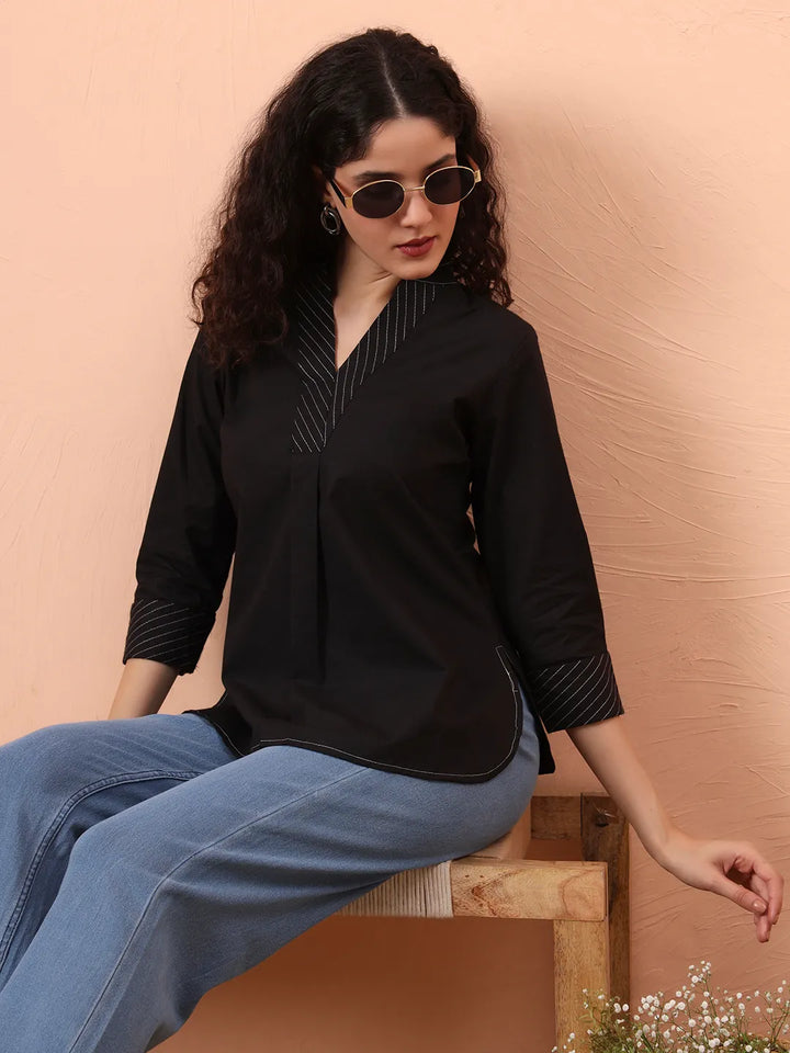 Black Cotton Regular Top-Yufta Store-6342TOPBKS