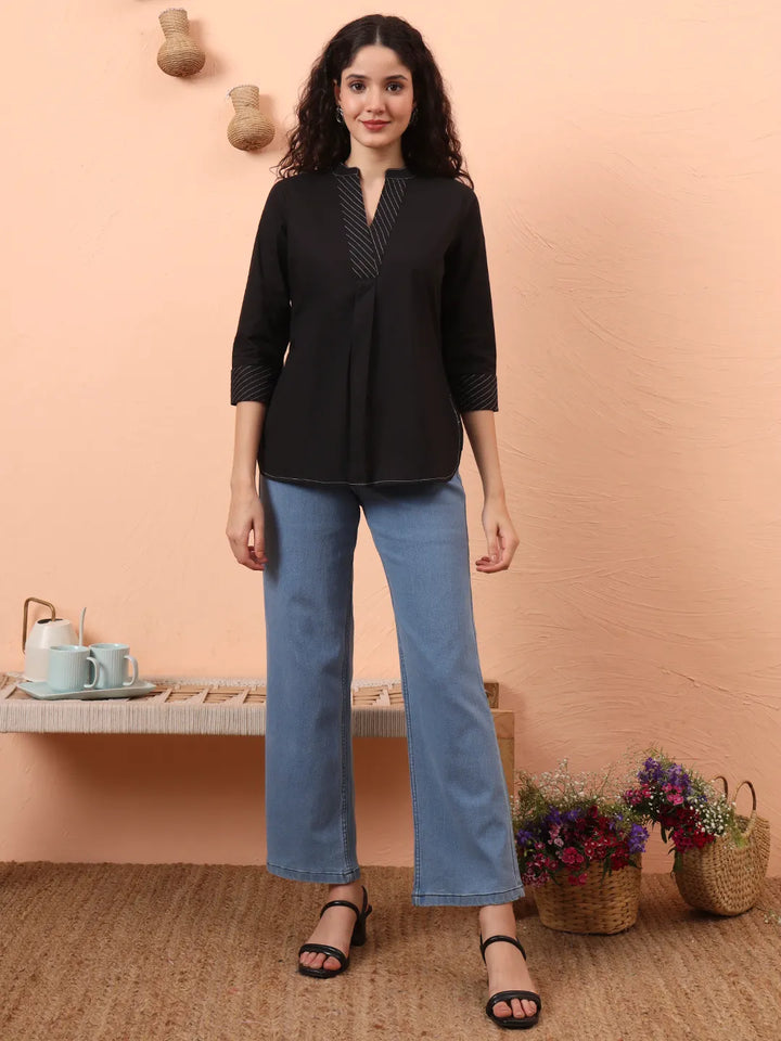 Black Cotton Regular Top-Yufta Store-6342TOPBKS