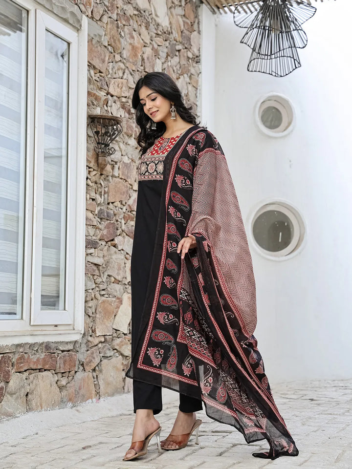 Black Cotton Sequins Work Straight Kurta Set-Yufta Store-6514SKDBKM