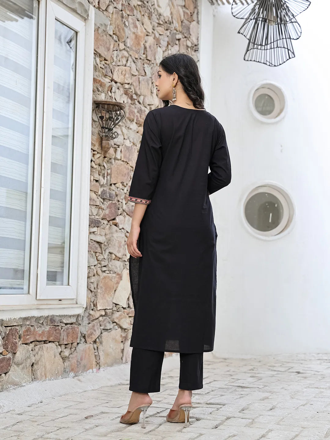 Black Cotton Sequins Work Straight Kurta Set-Yufta Store-6514SKDBKM