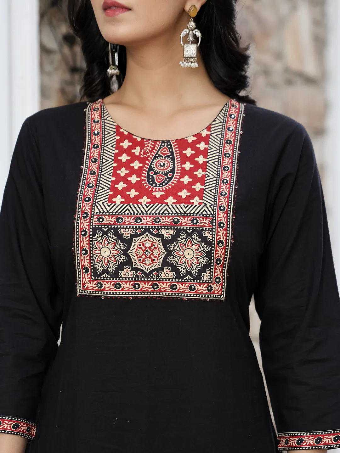 Black Cotton Sequins Work Straight Kurta Set-Yufta Store-6514SKDBKM