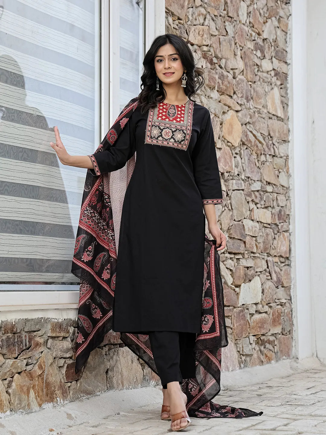 Black Cotton Sequins Work Straight Kurta Set-Yufta Store-6514SKDBKM