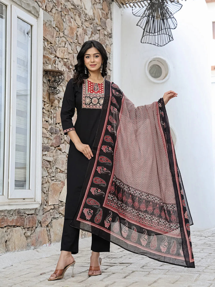 Black Cotton Sequins Work Straight Kurta Set-Yufta Store-6514SKDBKM