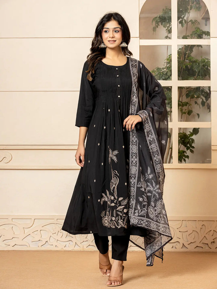 Black Embroidered A-Line Kurta Dupatta Pant Set-Yufta Store-7023SKDBKS