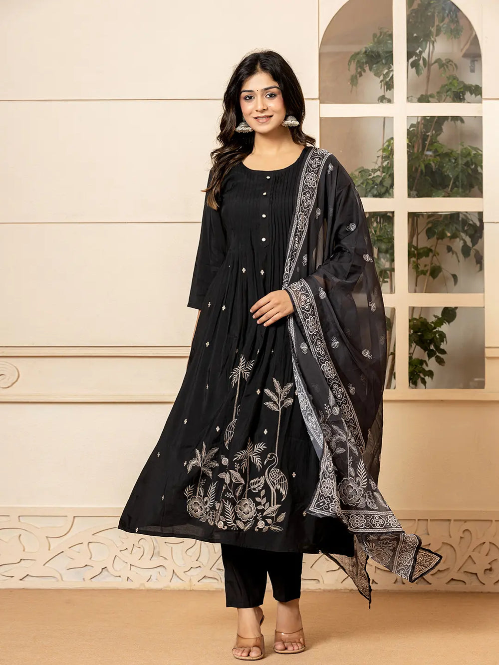 Black Embroidered A-Line Kurta Dupatta Pant Set-Yufta Store-7023SKDBKS