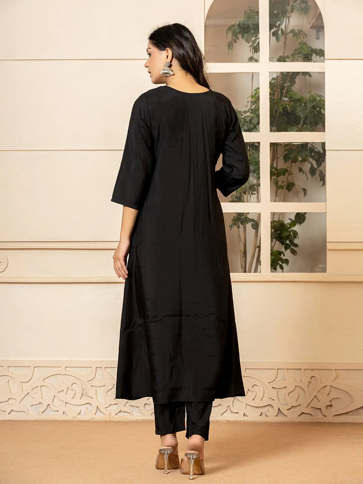 Black Embroidered A-Line Kurta Dupatta Pant Set-Yufta Store-7023SKDBKS