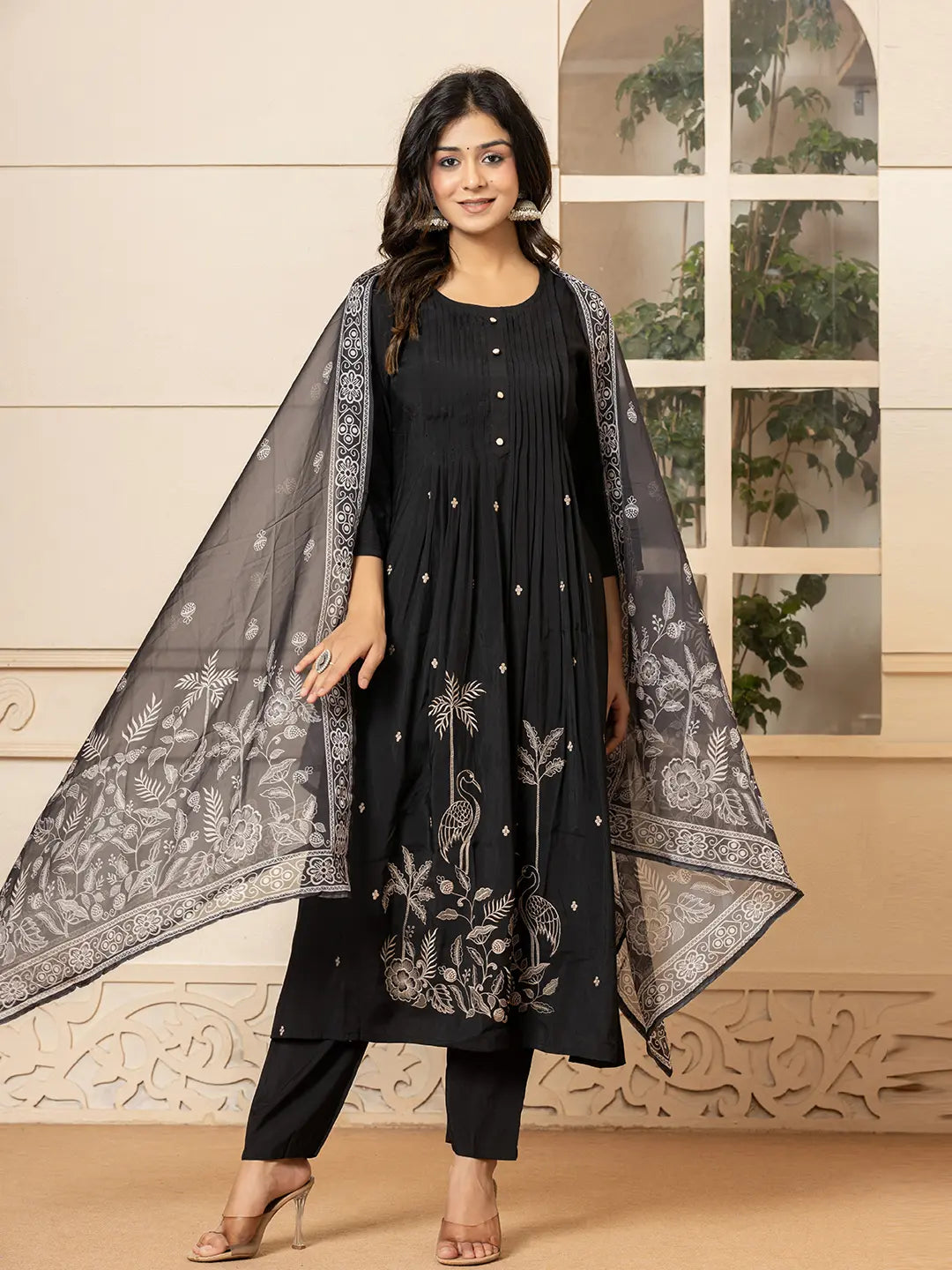 Black Embroidered A-Line Kurta Dupatta Pant Set-Yufta Store-7023SKDBKS