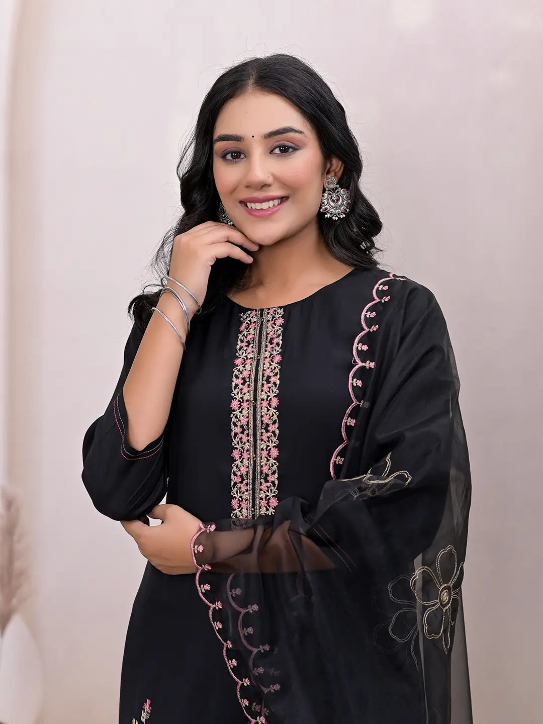 Black Embroidered Silk Blend Straight Kurta Dupatta Set-Yufta Store-6993SKDBKS