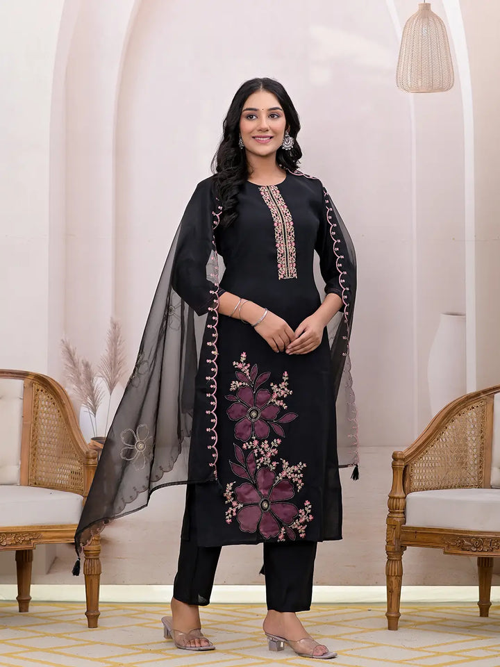 Black Embroidered Silk Blend Straight Kurta Dupatta Set-Yufta Store-6993SKDBKS