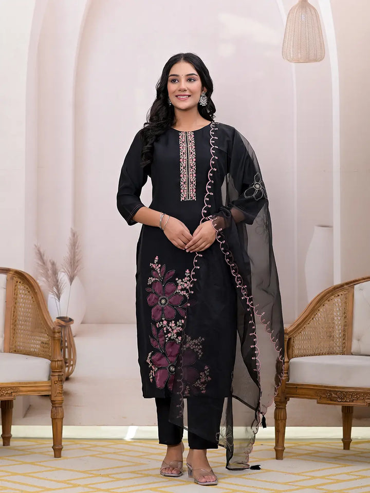 Black Embroidered Silk Blend Straight Kurta Dupatta Set-Yufta Store-6993SKDBKS