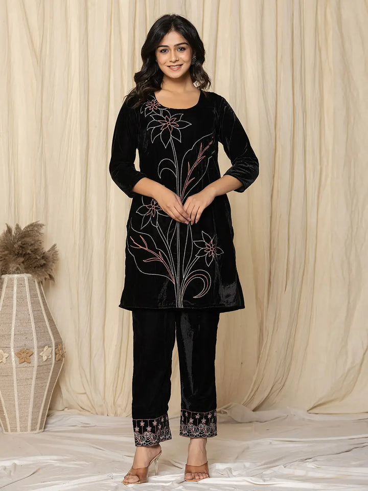 Black Embroidered Velvet Co-Ord Set-Yufta Store-1839CRDBKS