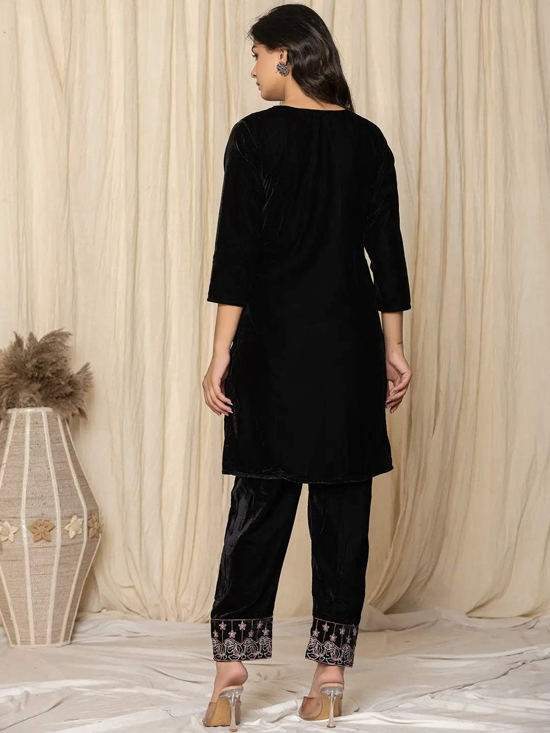 Black Embroidered Velvet Co-Ord Set-Yufta Store-1839CRDBKS