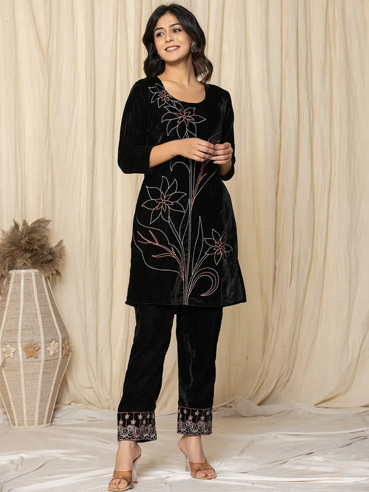 Black Embroidered Velvet Co-Ord Set-Yufta Store-1839CRDBKS