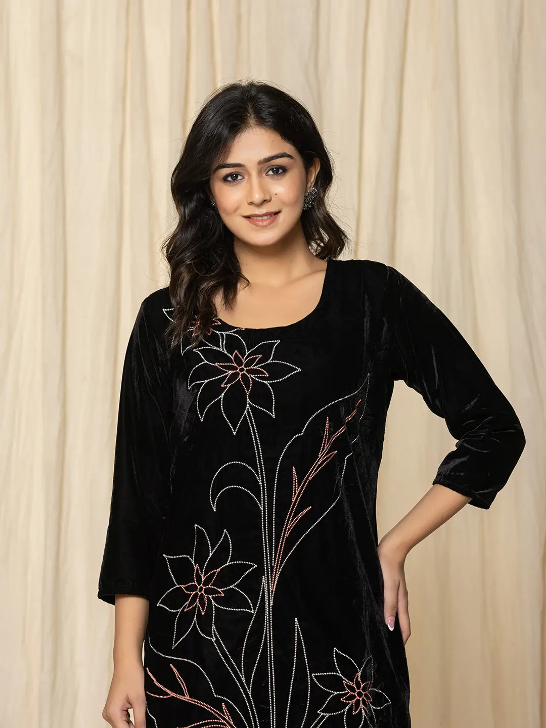 Black Embroidered Velvet Co-Ord Set-Yufta Store-1839CRDBKS