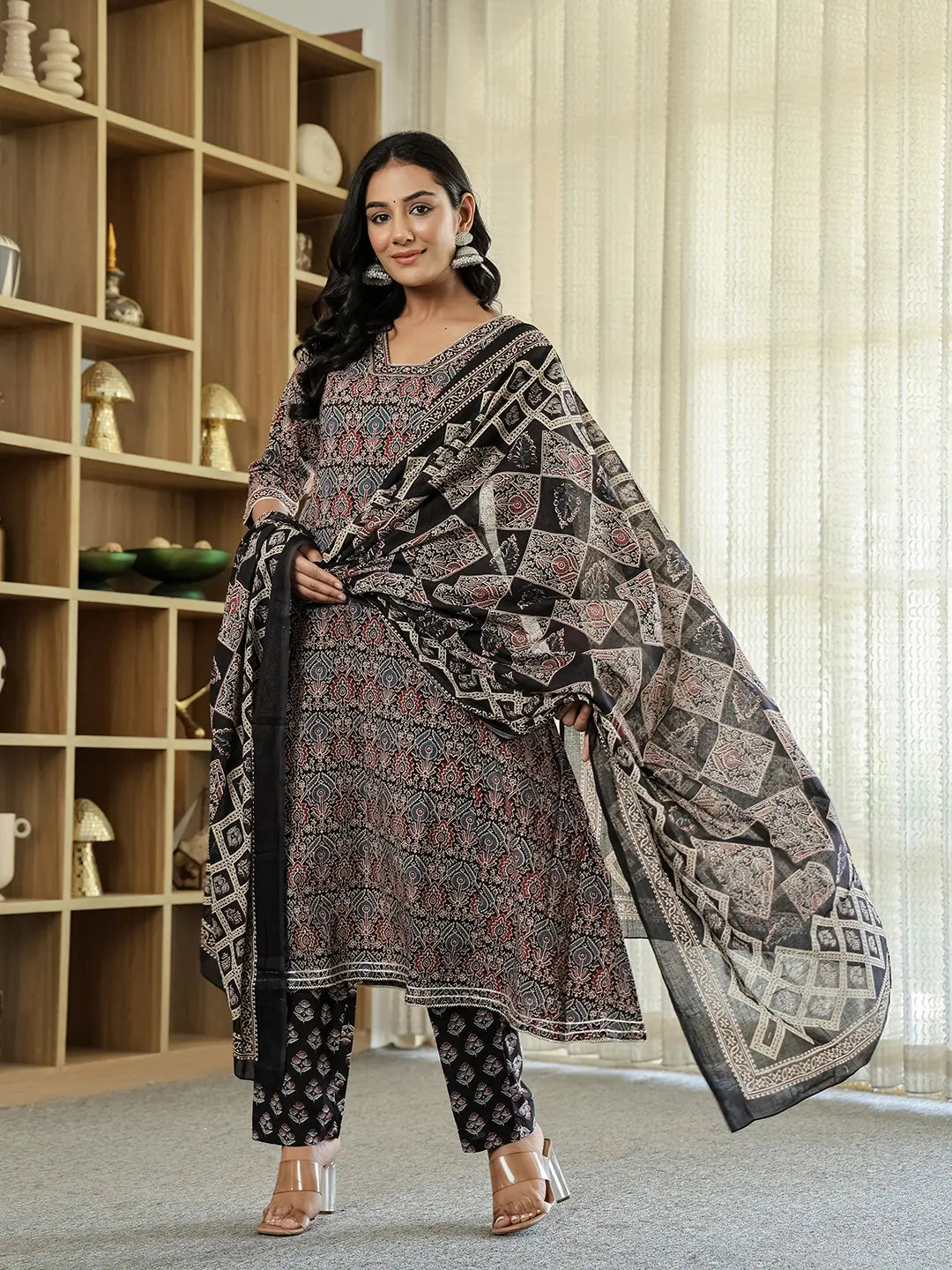 Black Ethnic Motifs A-Line Kurta Trouser Dupatta Set With Bucket Neck-Yufta Store-6274SKDBKM