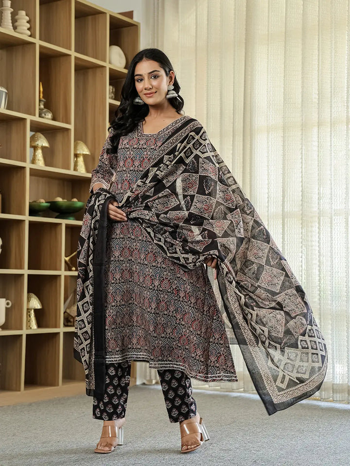 Black Ethnic Motifs A-Line Kurta Trouser Dupatta Set With Bucket Neck-Yufta Store-6274SKDBKM