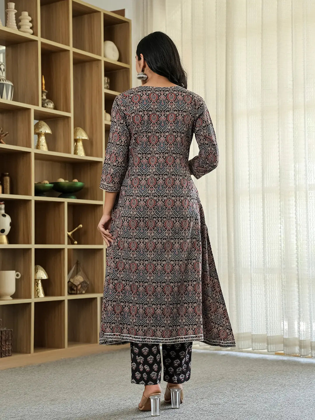 Black Ethnic Motifs A-Line Kurta Trouser Dupatta Set With Bucket Neck-Yufta Store-6274SKDBKM