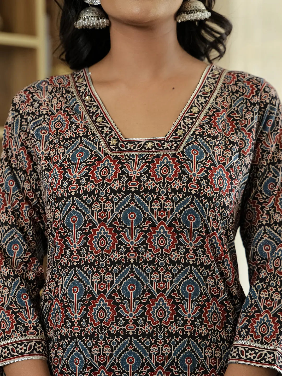 Black Ethnic Motifs A-Line Kurta Trouser Dupatta Set With Bucket Neck-Yufta Store-6274SKDBKM