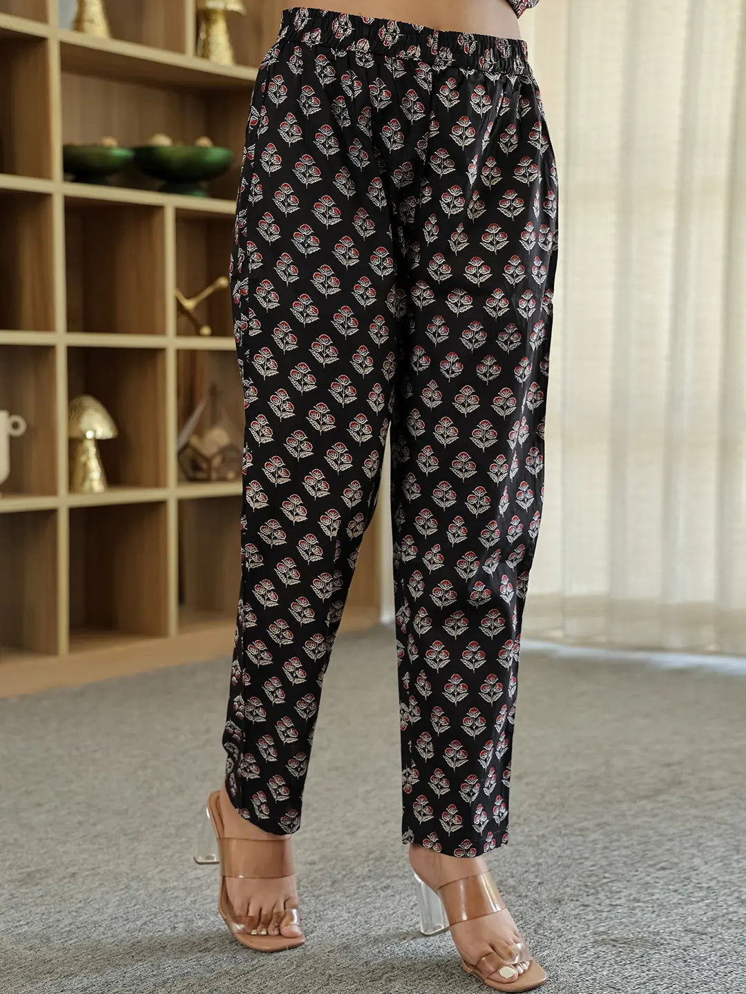 Black Ethnic Motifs A-Line Kurta Trouser Dupatta Set With Bucket Neck-Yufta Store-6274SKDBKM