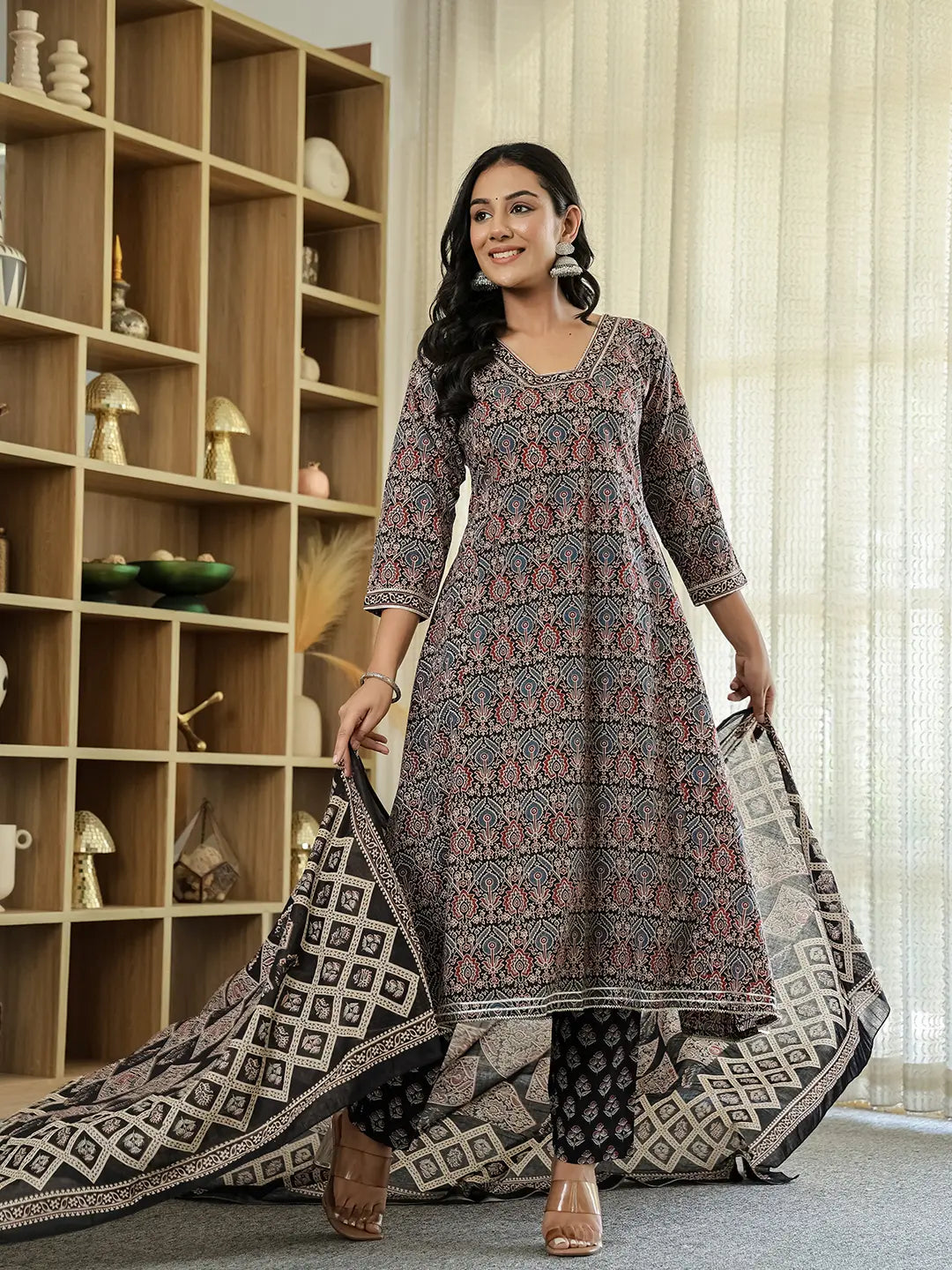 Black Ethnic Motifs A-Line Kurta Trouser Dupatta Set With Bucket Neck-Yufta Store-6274SKDBKM
