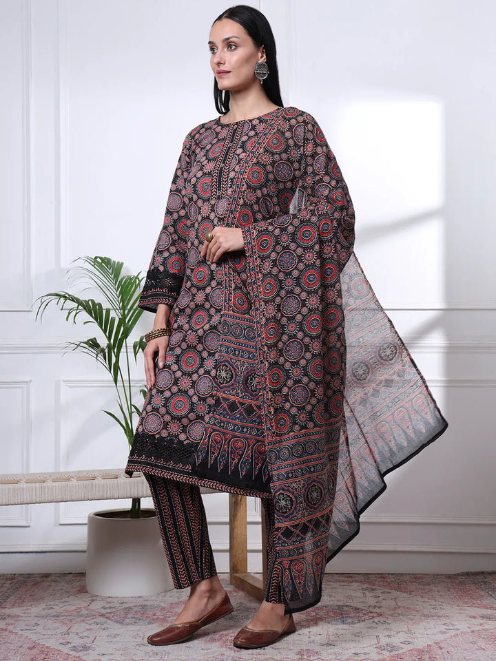 Black Ethnic Motifs Straight Kurta Trouser Dupatta Set-Yufta Store-7093SKDBKS
