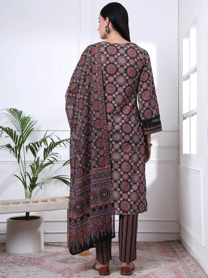 Black Ethnic Motifs Straight Kurta Trouser Dupatta Set-Yufta Store-7093SKDBKS