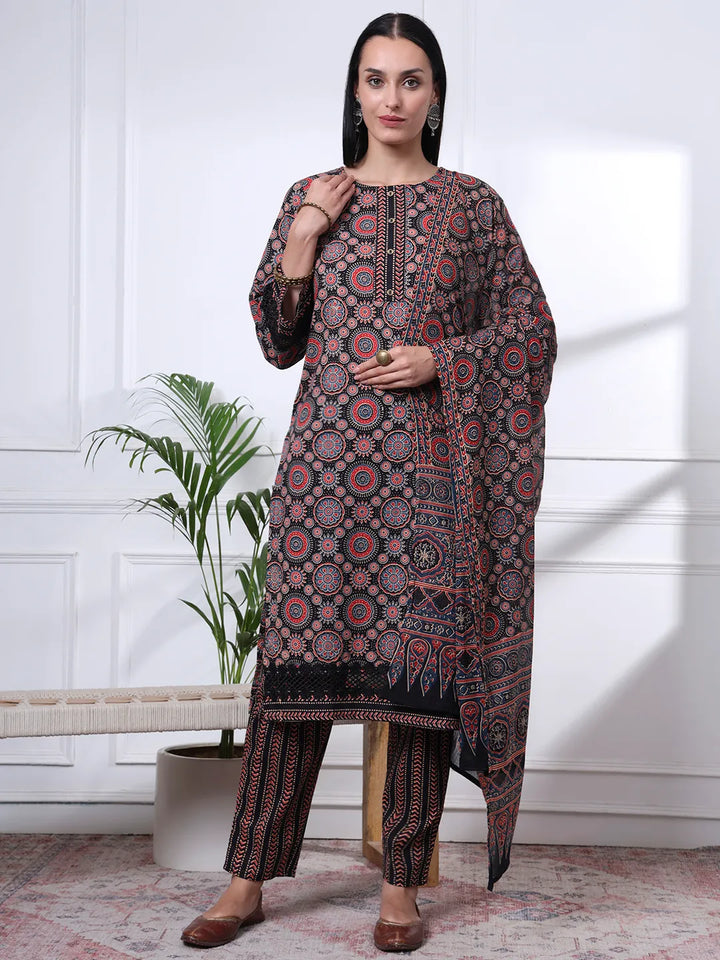Black Ethnic Motifs Straight Kurta Trouser Dupatta Set-Yufta Store-7093SKDBKS