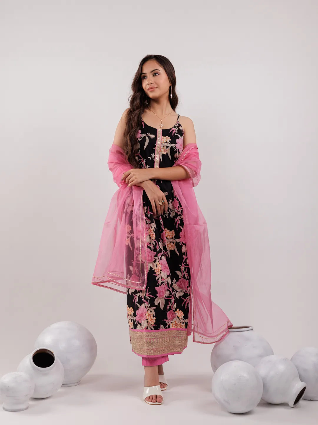 Black Floral Print Cotton Fit And Flare Kurta Trouser & Dupatta Set-Yufta Store-6966SKDBKS