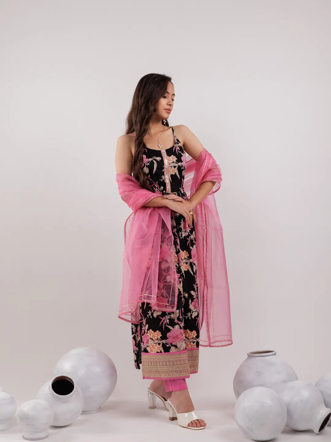 Black Floral Print Cotton Fit And Flare Kurta Trouser & Dupatta Set-Yufta Store-6966SKDBKS