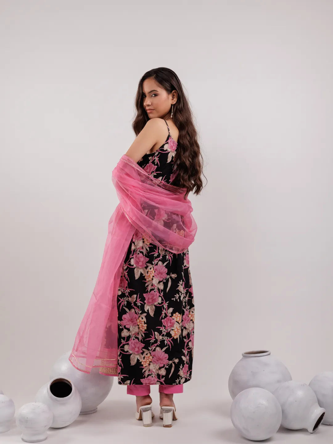 Black Floral Print Cotton Fit And Flare Kurta Trouser & Dupatta Set-Yufta Store-6966SKDBKS