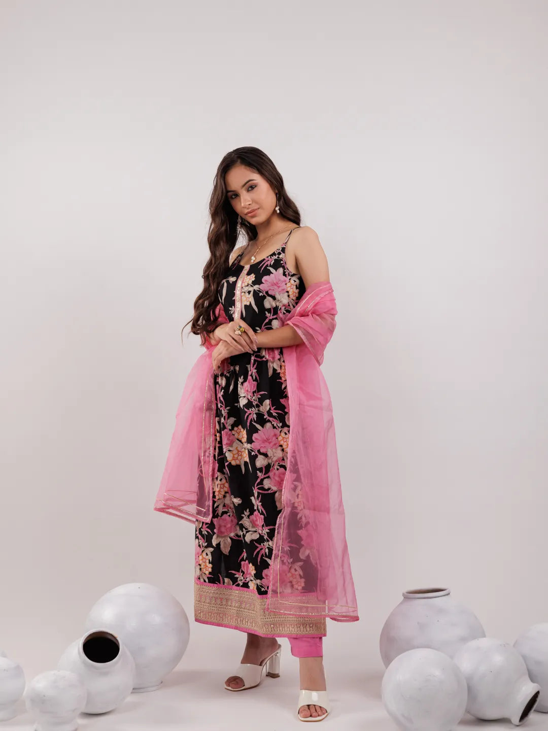 Black Floral Print Cotton Fit And Flare Kurta Trouser & Dupatta Set-Yufta Store-6966SKDBKS