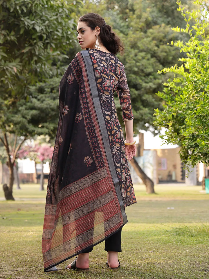 Black Floral Print linen A-Line Have A Lining Kurta Trouser Dupatta Set