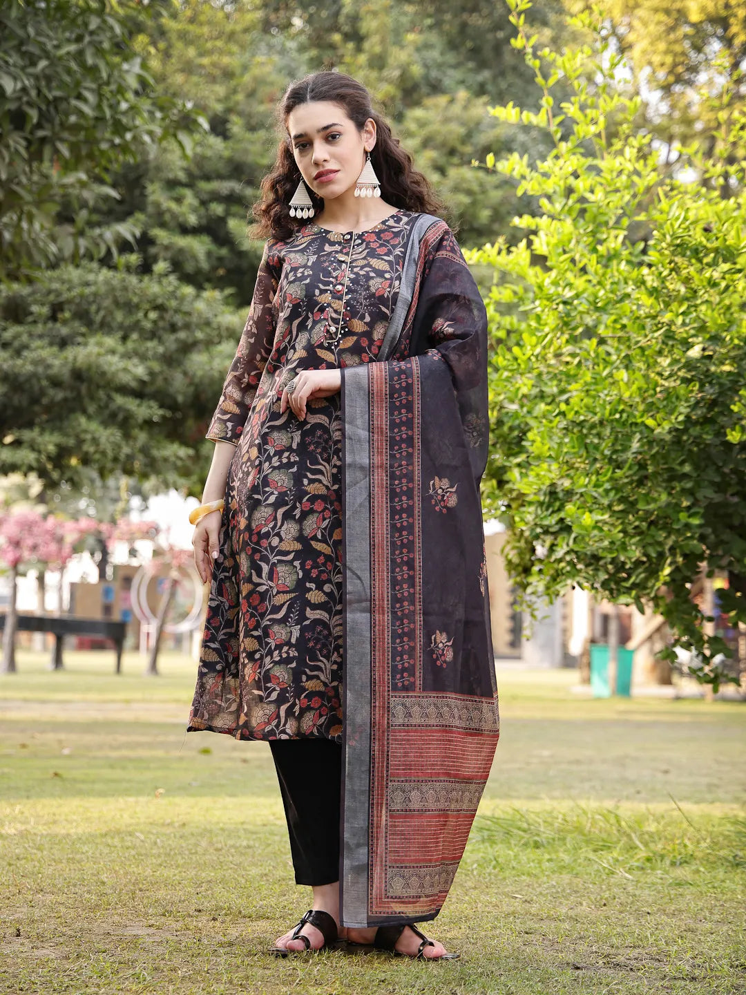 Black Floral Print linen A-Line Have A Lining Kurta Trouser Dupatta Set