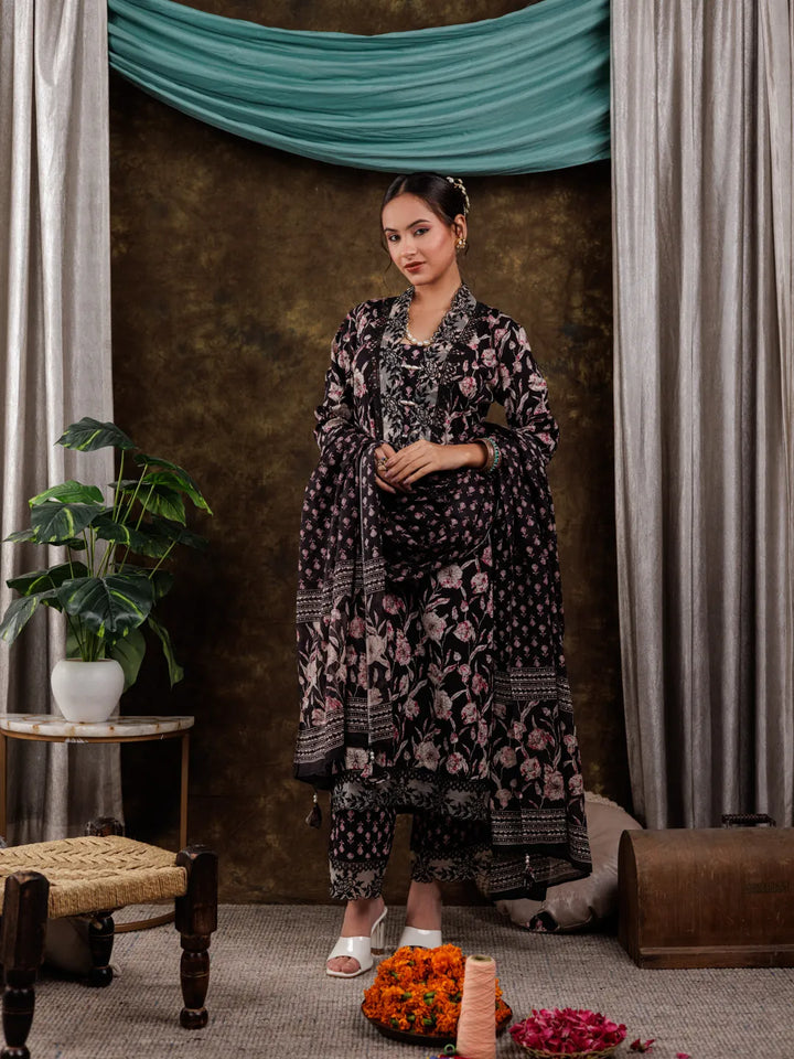 Black Floral Print Pure Cotton Beads Straight Kurta Dupatta Set With Lace Detailing-Yufta Store-7181SKDBKS