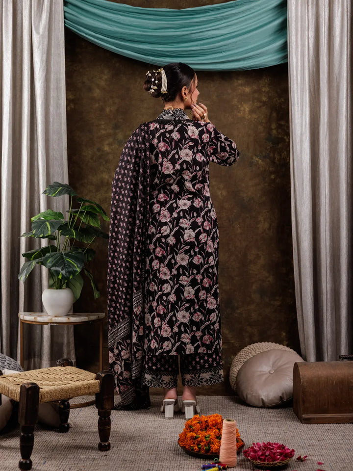 Black Floral Print Pure Cotton Beads Straight Kurta Dupatta Set With Lace Detailing-Yufta Store-7181SKDBKS